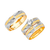 White CZ Three-Piece Diamond-Cut Wedding Ring in 14K Two-Tone Gold