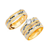 White CZ Three-Piece Diamond-Cut Wedding Ring in 14K Two-Tone Gold