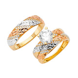 White CZ Three-Piece Diamond-Cut Wedding Ring in 14K Tri-Color Gold