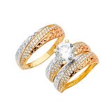 White CZ Three-Piece Diamond-Cut Wedding Ring in 14K Tri-Color Gold