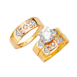 White CZ Three-Piece High-Polish Wedding Ring in 14K Tri-Color Gold