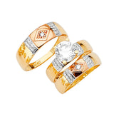 White CZ Three-Piece High-Polish Wedding Ring in 14K Tri-Color Gold