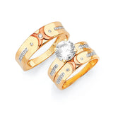 White CZ Three-Piece High-Polish Wedding Ring in 14K Tri-Color Gold