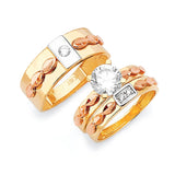 White CZ Three-Piece High-Polish Wedding Ring in 14K Tri-Color Gold