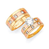 White CZ Three-Piece High-Polish Wedding Ring in 14K Two-Tone Gold