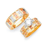 White CZ Three-Piece Satin Wedding Ring in 14K Tri-Color Gold