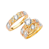 White CZ Three-Piece Diamond-Cut Wedding Ring in 14K Tri-Color Gold