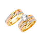 White CZ Three-Piece Satin Wedding Ring in 14K Tri-Color Gold