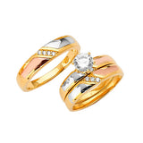 White CZ Three-Piece Satin Wedding Ring in 14K Tri-Color Gold