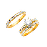 White CZ Three-Piece Diamond-Cut Wedding Ring in 14K Two-Tone Gold