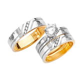 White CZ Three-Piece High-Polish Wedding Ring in 14K Two-Tone Gold