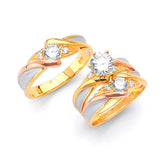 White CZ Three-Piece Satin Wedding Ring in 14K Tri-Color Gold