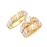 White CZ Three-Piece Satin Wedding Ring in 14K Tri-Color Gold