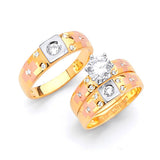 White CZ Three-Piece Satin Wedding Ring in 14K Tri-Color Gold