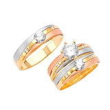 White CZ Three-Piece Satin Wedding Ring in 14K Tri-Color Gold