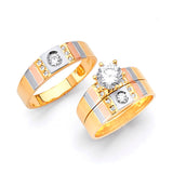 White CZ Three-Piece Satin Wedding Ring in 14K Tri-Color Gold