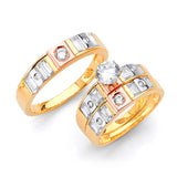 White CZ Three-Piece High-Polish Wedding Ring in 14K Tri-Color Gold