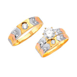 White CZ Three-Piece Satin Wedding Ring in 14K Tri-Color Gold