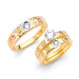 White CZ Three-Piece Satin Wedding Ring in 14K Tri-Color Gold