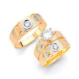 White CZ Three-Piece Satin Wedding Ring in 14K Tri-Color Gold