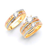 White CZ Three-Piece Satin Wedding Ring in 14K Tri-Color Gold