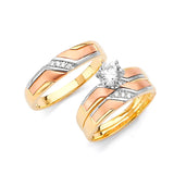 White CZ Three-Piece Satin Wedding Ring in 14K Tri-Color Gold