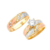 White CZ Three-Piece Satin Wedding Ring in 14K Tri-Color Gold