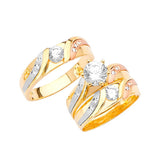 White CZ Three-Piece Satin Wedding Ring in 14K Tri-Color Gold