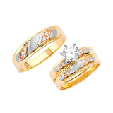 White CZ Three-Piece Satin Wedding Ring in 14K Tri-Color Gold