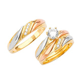 White CZ Three-Piece High-Polish Wedding Ring in 14K Tri-Color Gold