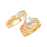 White CZ Three-Piece Satin Wedding Ring in 14K Tri-Color Gold