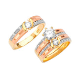 White CZ Three-Piece Satin Wedding Ring in 14K Tri-Color Gold