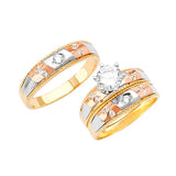 White CZ Three-Piece Satin Wedding Ring in 14K Tri-Color Gold