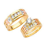 White CZ Three-Piece Satin Wedding Ring in 14K Tri-Color Gold