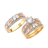 White CZ Three-Piece Satin Wedding Ring in 14K Tri-Color Gold