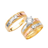 White CZ Three-Piece Satin Wedding Ring in 14K Tri-Color Gold