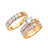 White CZ Three-Piece Diamond-Cut Wedding Ring in 14K Tri-Color Gold