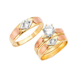 White CZ Three-Piece Satin Wedding Ring in 14K Tri-Color Gold