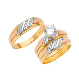 White CZ Three-Piece Satin Wedding Ring in 14K Tri-Color Gold