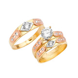 White CZ Three-Piece Satin Wedding Ring in 14K Tri-Color Gold