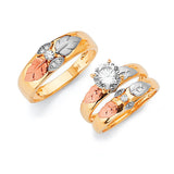 White CZ Three-Piece Satin Wedding Ring in 14K Tri-Color Gold