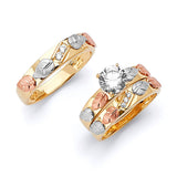 White CZ Three-Piece Satin Wedding Ring in 14K Tri-Color Gold