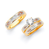 White CZ Three-Piece Satin Wedding Ring in 14K Tri-Color Gold