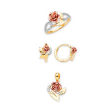 White CZ Flower Ladies Three-Piece Set in 14K Tri-Color Gold