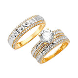 White CZ Three-Piece Diamond-Cut Wedding Ring in 14K Two-Tone Gold