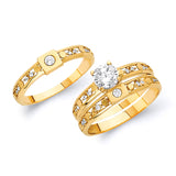 White CZ Three-Piece Diamond-Cut Wedding Ring in 14K Two-Tone Gold