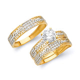 White CZ Three-Piece Diamond-Cut Wedding Ring in 14K Gold