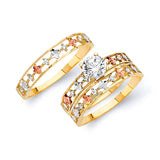 White CZ Three-Piece Diamond-Cut Wedding Ring in 14K Tri-Color Gold