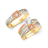 White CZ Three-Piece Diamond-Cut Wedding Ring in 14K Tri-Color Gold