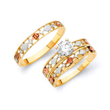 White CZ Three-Piece Wedding Ring in 14K Tri-Color Gold